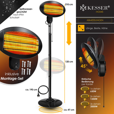 KESSER® Heizstrahler 2000 Watt ✓ Infrarot ✓ Standheizer ✓ Terrassenheizung ✓ Terassen ✓ Strahler ✓ Höhenverstellbar ✓ Quarzstrahler ✓ Innen - Außen ✓ Wickeltischheizstrahler