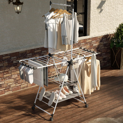 SYKIARIOL Wäscheständer mit hoch hängenden Kleiderbügeln, 2 Etagen Zusammenklappbarer Flügelwäschetrockner für platzsparende Aufbewahrung, Wäscheständer klappbar mit höhenverstellbaren Gullwings