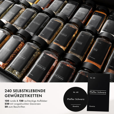 EDELHAUS Gewürzgläser Eckig Set mit Plastikdeckel (24 x 120ml) Gewürzstreuer mit Streueinsatz und 240 Etiketten Schwarz - Gewürzbehälter, Gewürzdosen, Gewürze organizer [10,7cm x 4,5cm]