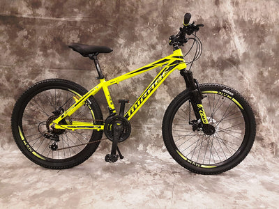 26 Zoll Aluminium Mountainbike Mirage Gefedert, 21-Gang DAUMENKLICKKETTENSCHALTUNG, Scheibenbremsen NEU 2667-GELB Bitte BEACHTEN AB 155 cm KÖPERGRÖSSE GEEIGNET !!!!!!!
