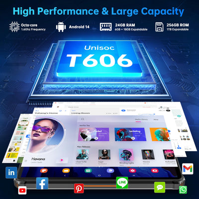 OUKITEL RT9 Outdoor Tablet - 24GB(6+18GB) RAM+256GB ROM(1TB TF) 11000mAh Akku, Android 14 Rugged Tablet PC 10.1 Zoll Octa Core Wasserdicht Tablet, Dual SIM 4G LTE/5G WiFi/Face ID/OTG/GPS - Orange