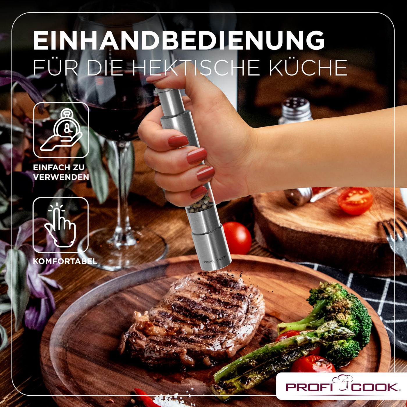 ProfiCook® Salz und Pfefferstreuer | Pfeffermühle | Salz und Pfeffermühle | 2er Set | Salzstreuer Edelstahl | robustes Mahlwerk | Einhandbedienung | 100% mechanisch | Gewürzmühle PC PSM 1160