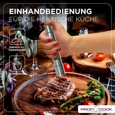 ProfiCook® Salz und Pfefferstreuer | Pfeffermühle | Salz und Pfeffermühle | 2er Set | Salzstreuer Edelstahl | robustes Mahlwerk | Einhandbedienung | 100% mechanisch | Gewürzmühle PC PSM 1160