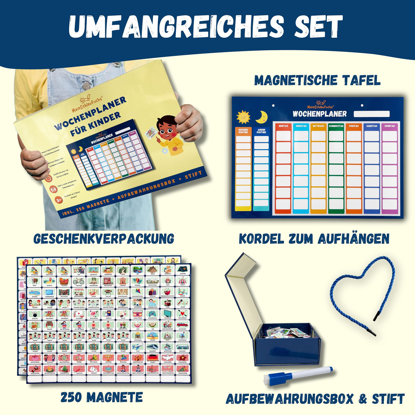 MeinSchlaufuchs® Wochenplaner Kinder - Montessori Magnettafel inkl. 250 Magnete, Aufbewahrungsbox, Kordel & Stift - beschreib- & abwischbar - Routine Planer Kinder - Kalender Kinder