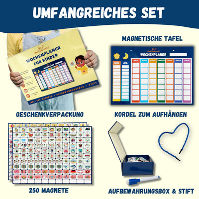 MeinSchlaufuchs® Wochenplaner Kinder - Montessori Magnettafel inkl. 250 Magnete, Aufbewahrungsbox, Kordel & Stift - beschreib- & abwischbar - Routine Planer Kinder - Kalender Kinder