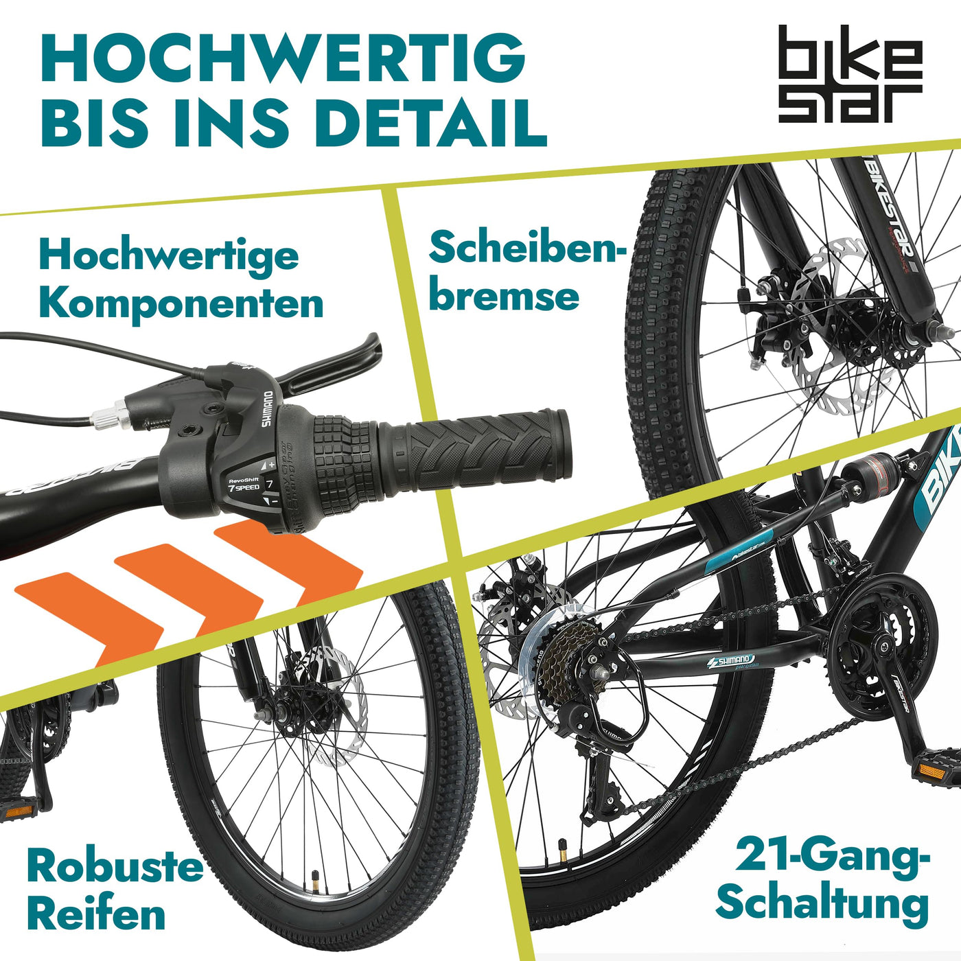 BIKESTAR Kinder Fahrrad Fully Mountainbike 21 Gang Shimano, Scheibenbremse ab 8 Jahre | 24 Zoll Kinderrad MTB | Schwarz