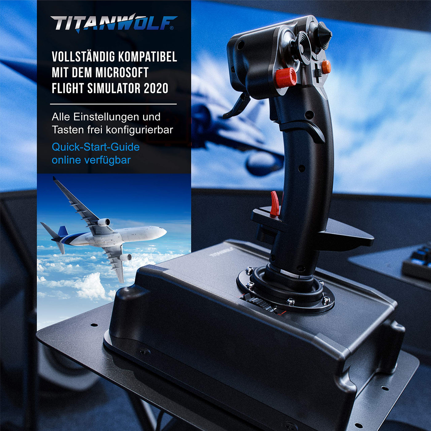 Titanwolf - PC Joystick - Flight Stick – Vierweg Joystick – HOTAS Funktion - stufenloser Schubregler – Hat Switch Achtwege Stick - 4 Buttons D-Pad - 3 Modi – Gashebel – Ruder – 9 Knöpfe-23 Funktionen
