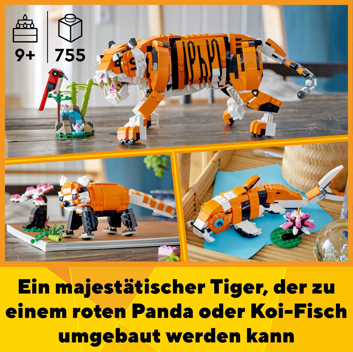 LEGO 31129 Creator Majestätischer Tiger, Panda oder Fisch, 3-in-1 Tierfiguren-Set, Spielzeug für Kinder, Jungen und Mädchen, Konstruktionsspielzeug mit Tieren
