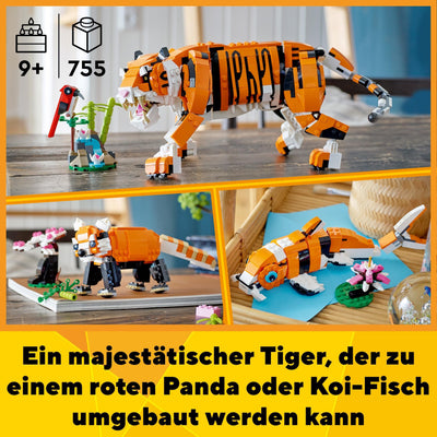 LEGO 31129 Creator Majestätischer Tiger, Panda oder Fisch, 3-in-1 Tierfiguren-Set, Spielzeug für Kinder, Jungen und Mädchen, Konstruktionsspielzeug mit Tieren