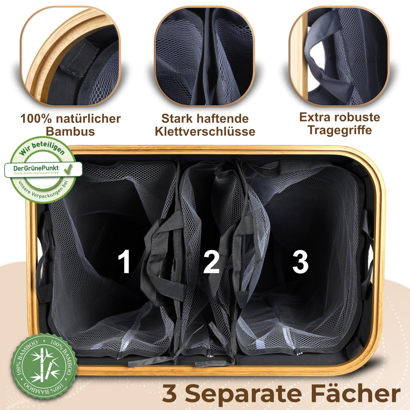 Luxpur® Wäschekorb XXL mit Deckel 3 Fächer Wäschesack Bambus Wäsche-Sortier-System Faltbare Wäschebox Wäschesammler Wäschetrenner Wäschetruhe Laundry Basket