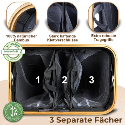 Luxpur® Wäschekorb XXL mit Deckel 3 Fächer Wäschesack Bambus Wäsche-Sortier-System Faltbare Wäschebox Wäschesammler Wäschetrenner Wäschetruhe Laundry Basket
