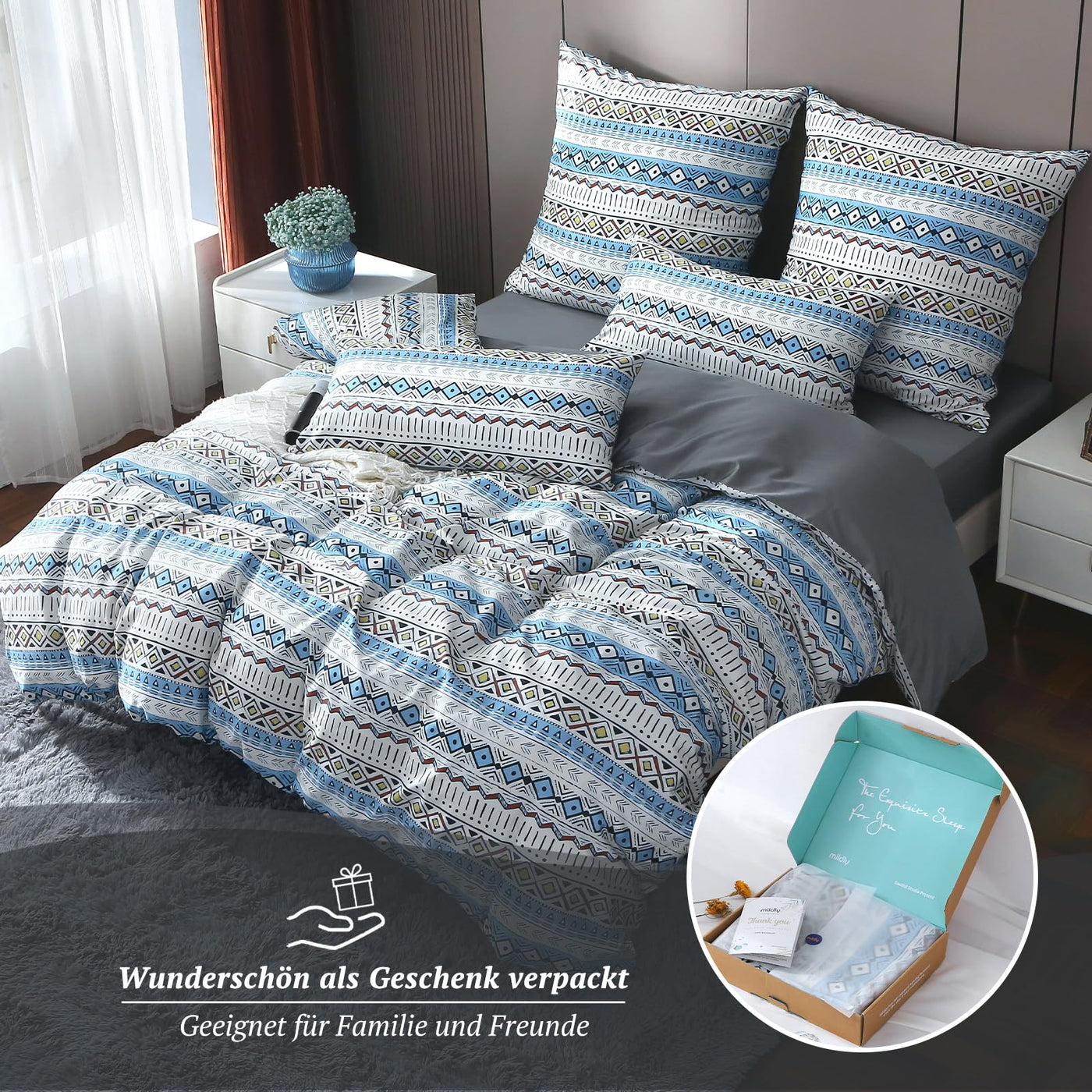 MILDLY Satin Bettwäsche 135x200 Baumwolle, Boho Bettwäsche-Sets mit Reißverschluss öKotex Zertifiziert Enthält 1 Bettbezug 135x200 und 1 Kissenbezüge 80x80, Boho