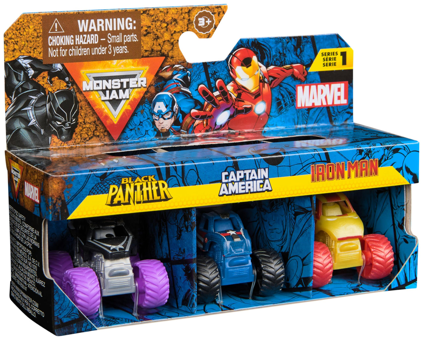 Monster Jam Marvel - Mini-Truck 3er-Set mit Black Panther, Captain America, Iron Man, Maßstab 1:87, robust und mit coolen Details, für monstermäßige Superhelden-Action an jedem Ort, ab 3 Jahren