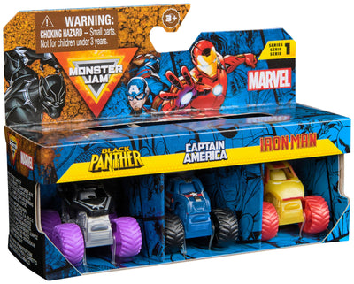 Monster Jam Marvel - Mini-Truck 3er-Set mit Black Panther, Captain America, Iron Man, Maßstab 1:87, robust und mit coolen Details, für monstermäßige Superhelden-Action an jedem Ort, ab 3 Jahren
