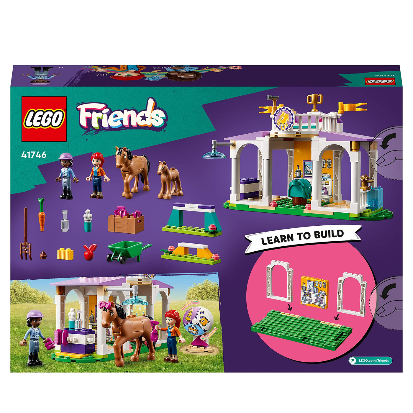 LEGO 41746 Friends Reitschule Set mit 2 Spielzeug-Pferden, Aliya und Mia Mini-Puppen, Reitstall- und Pferdespielzeug, Tierpflege-Geschenk für Kinder, Mädchen und Jungen ab 4 Jahre