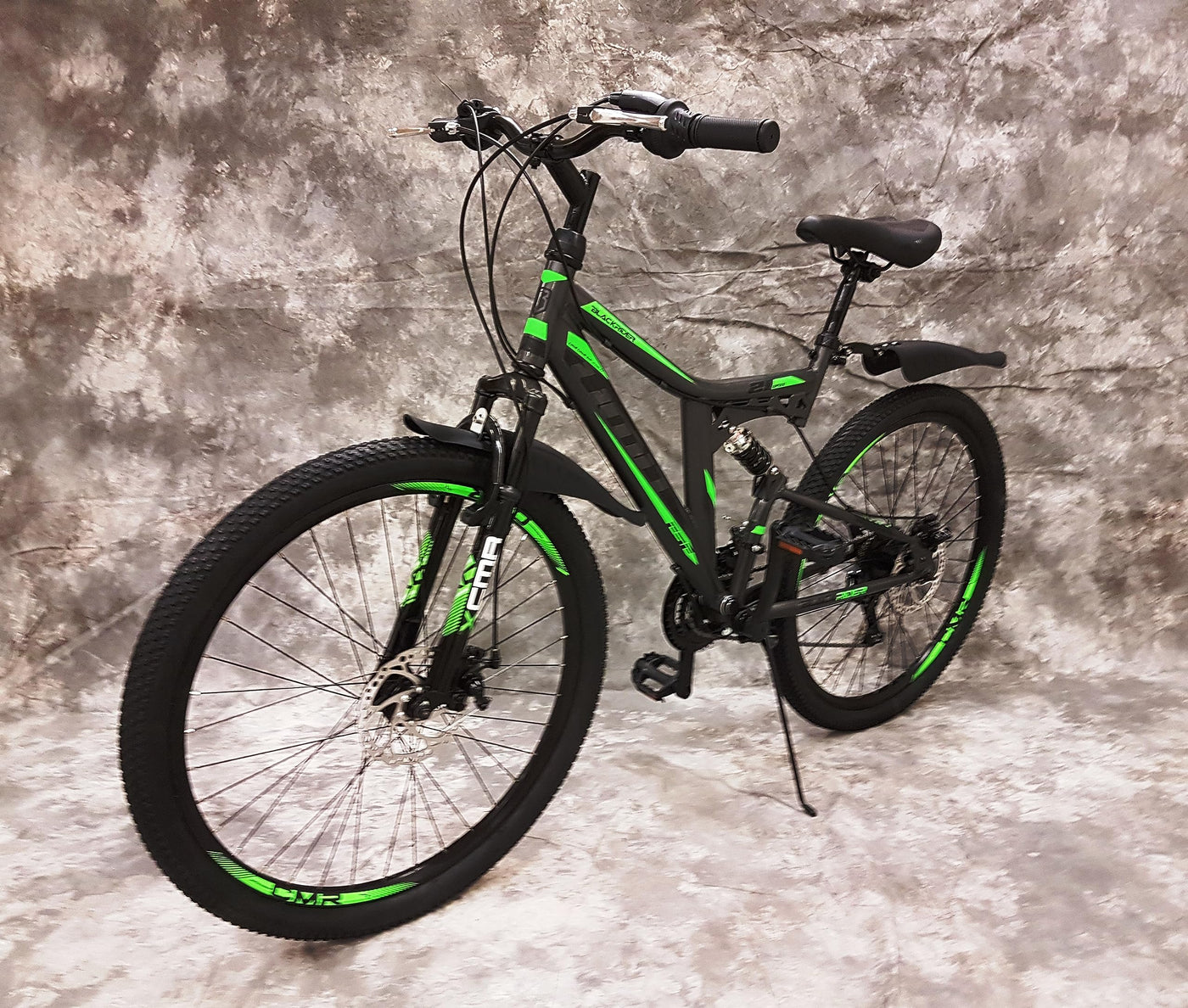 Generisch 26 Zoll MTB Blackrider Vollgefedert 21-Gang Kettenschaltung mit Scheibenbremsen NEU 2638-SCHWARZ-GRÜN Bitte BEACHTEN AB 155 cm KÖPERGRÖSSE GEEIGNET !!!!!!!
