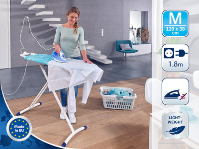 Leifheit Bügelbrett Air Board M Solid Plus ist höhenverstellbar, Bügeltisch für Dampfbügeleisen, Dampfbügeltisch mit Zwei-Seiten-Bügeleffekt