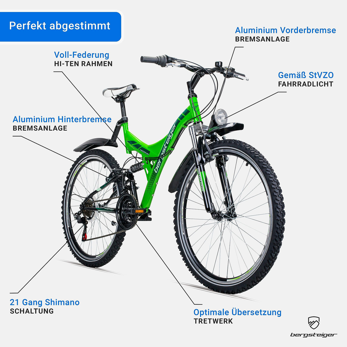 Bergsteiger Memphis 26 Zoll Mountainbike, geeignet ab 150 cm, Dynamo-Licht, StVZO, 21 Gang-Schaltung, Vollfederung, Jungen-Fahrrad & Herren-Fahrrad