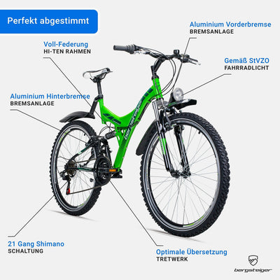 Bergsteiger Memphis 26 Zoll Mountainbike, geeignet ab 150 cm, Dynamo-Licht, StVZO, 21 Gang-Schaltung, Vollfederung, Jungen-Fahrrad & Herren-Fahrrad