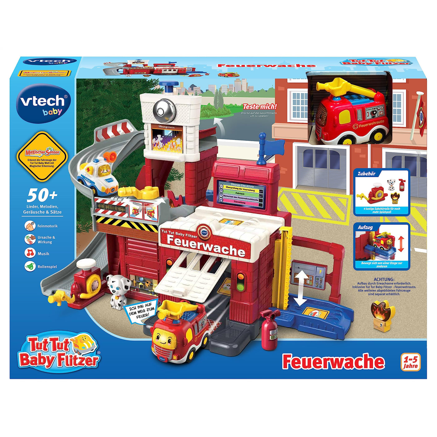 Vtech TUT TUT Baby Flitzer - Feuerwache – Interaktives Feuerwehr-Spielset mit beweglichen Elementen, Melodien und Liedern und TUT TUT Baby Flitzer Feuerwehrauto – Für Kinder von 1-5 Jahren