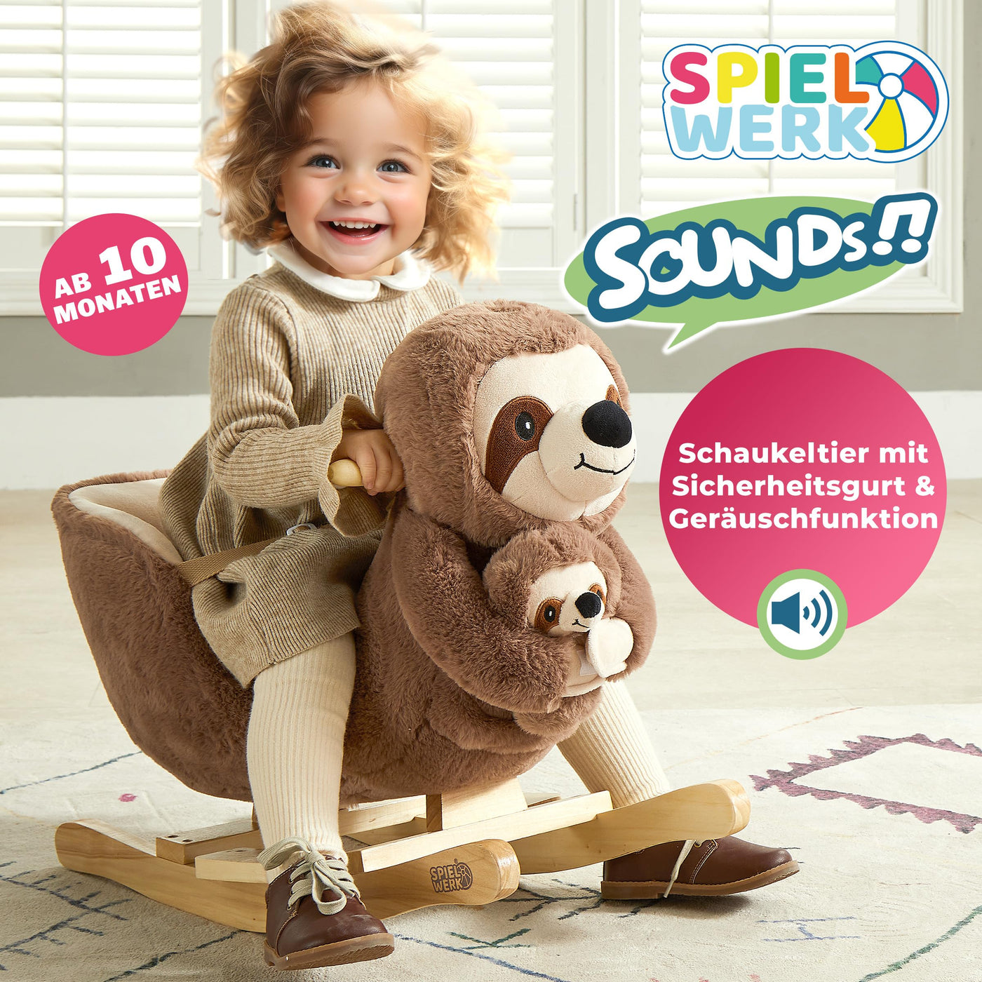 Spielwerk® Schaukeltier Faultier mit Babyfaultier inkl. Sound Effekt Sicherheitsgurt Plüsch Schaukel Wippe Kinder Baby Spielzeug Balancetraining besonders weich Schaukelpferd