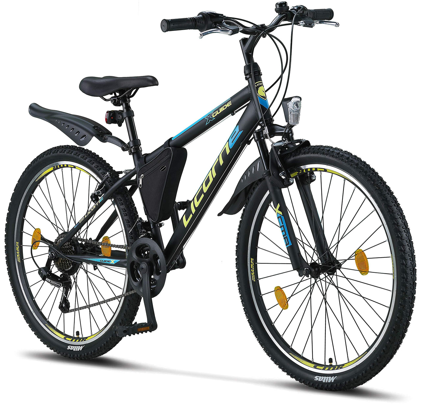 Licorne Bike Guide Premium Mountainbike in 20, 24, 26, 27.5 und 29 Zoll Fahrrad für Mädchen Jungen Herren und Damen (26 Zoll, Schwarz/Blau/Lime)