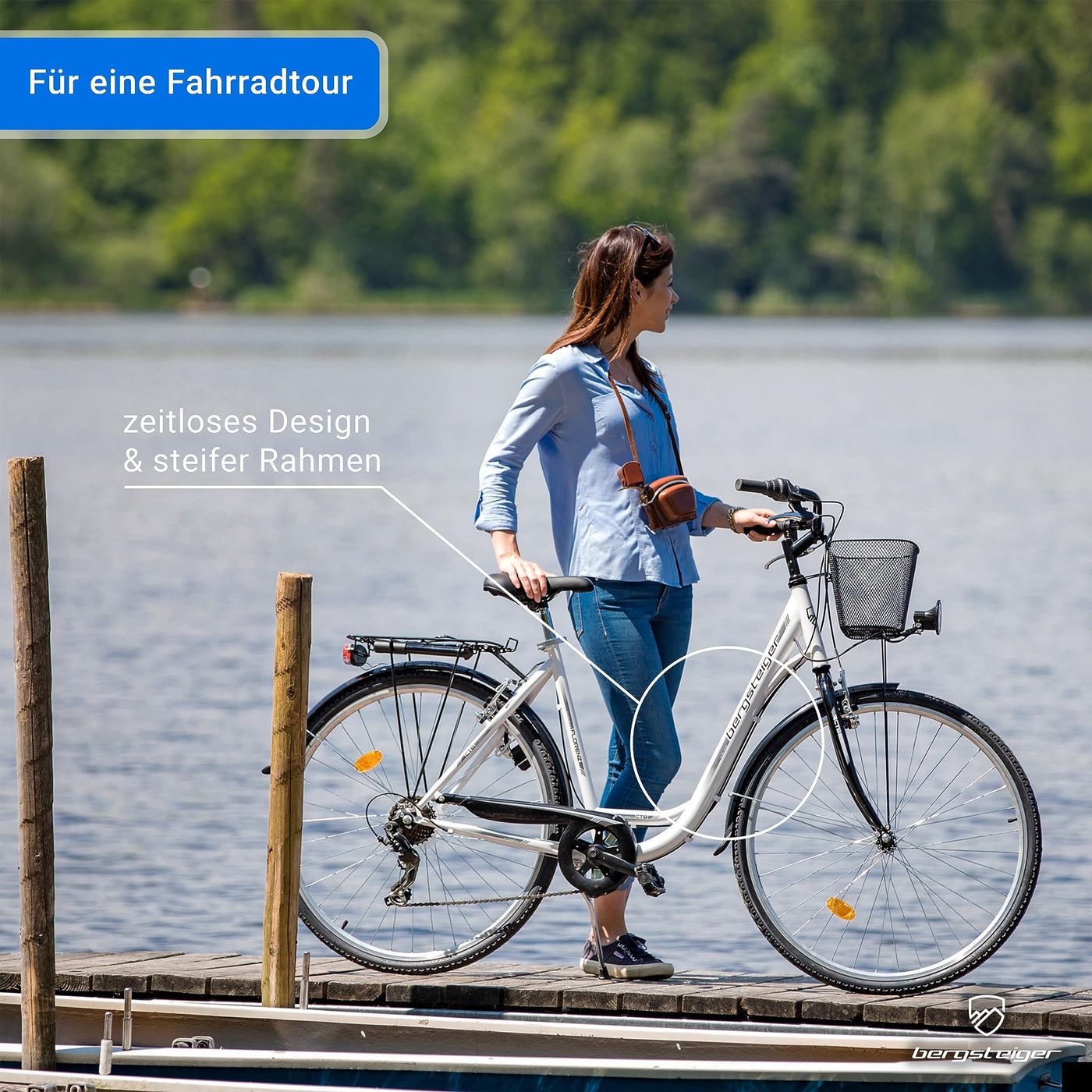 Bergsteiger Florenz 28 Zoll Damenfahrrad mit Korb, Beleuchtung & Schaltung, ab 160 cm, Damen Fahrrad mit Shimano 7 Gangschaltung, Retro Damenrad