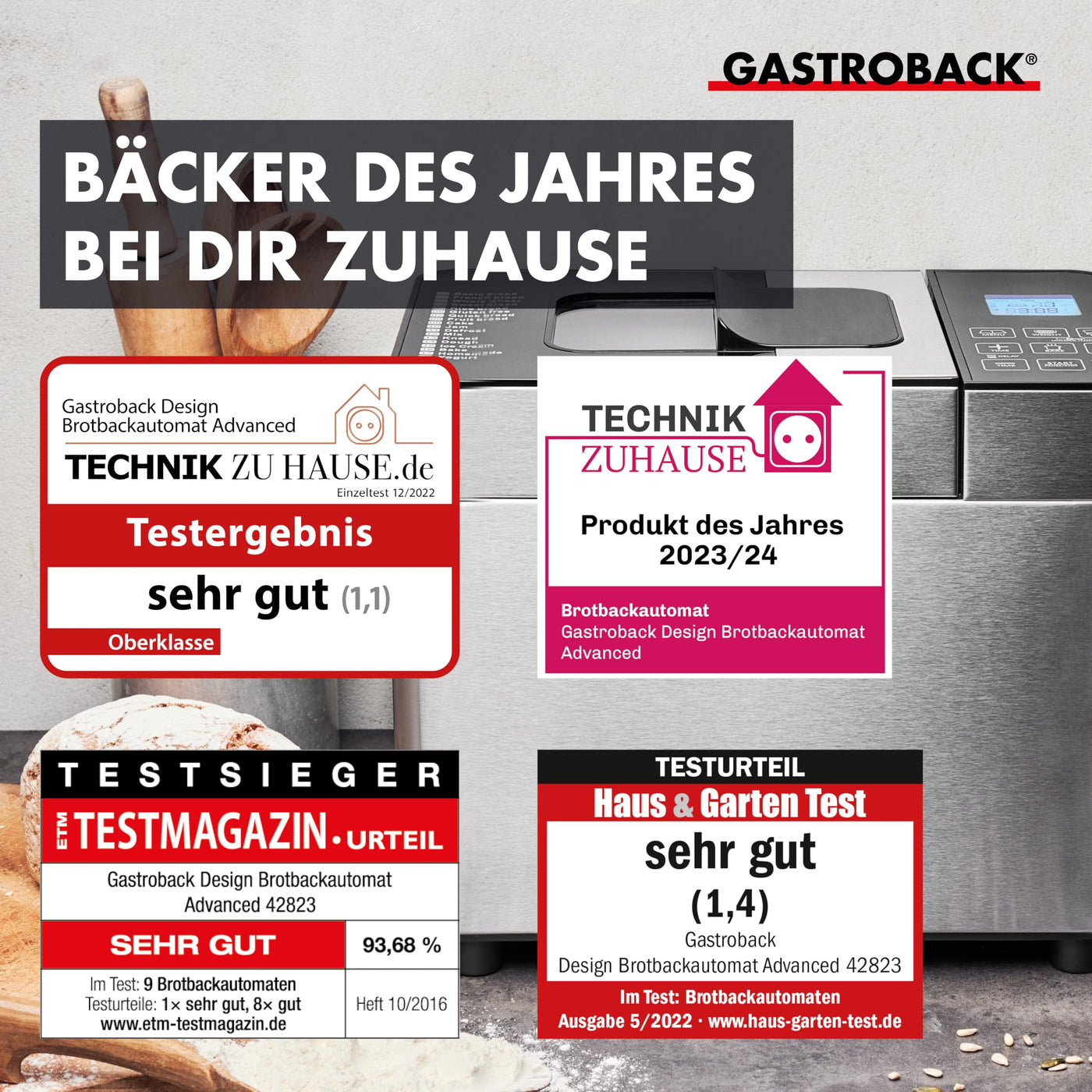 GASTROBACK Brotbackautomat Advance - Vollautomatische Brotbackmaschine + 18 Programmen inkl. Joghurtmaschine, Timer-Funktion, Zutatenfach, Sichtfenster, Brotautomat / Backmaschine in Edelstahl Optik