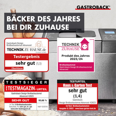 GASTROBACK Brotbackautomat Advance - Vollautomatische Brotbackmaschine + 18 Programmen inkl. Joghurtmaschine, Timer-Funktion, Zutatenfach, Sichtfenster, Brotautomat / Backmaschine in Edelstahl Optik