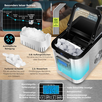 KESSER® Eiswürfelbereiter | Eiswürfelmaschine Edelstahl | 150W Ice Maker | 12 kg 24 h | 3 Würfelgrößen | Zubereitung in 7 min | 2,2 Liter Wassertank | Timer | LCD-Display | Silber