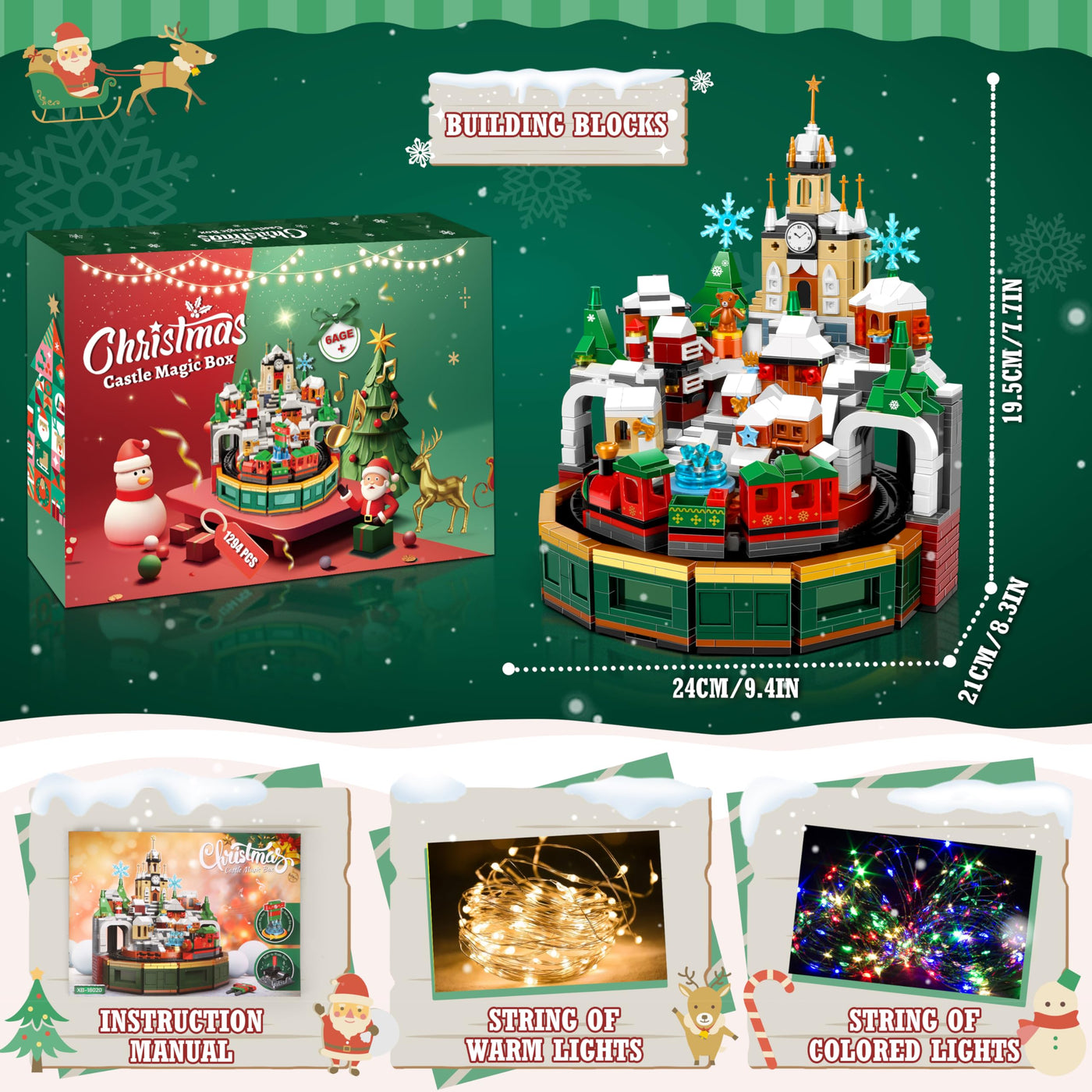 Charmofun Weihnachtsschloss Bausatz, Weihnachten Bauspielzeug Rotierbar mit Licht und Musik, Weihnachtsdorf Achterbahn Bausteine mit Weihnachtsbaum Zug für Erwachsene Kinder Jahren 8+
