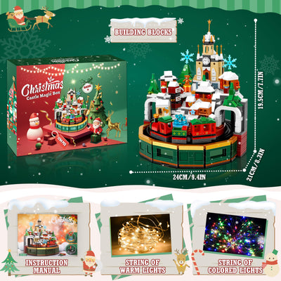 Charmofun Weihnachtsschloss Bausatz, Weihnachten Bauspielzeug Rotierbar mit Licht und Musik, Weihnachtsdorf Achterbahn Bausteine mit Weihnachtsbaum Zug für Erwachsene Kinder Jahren 8+