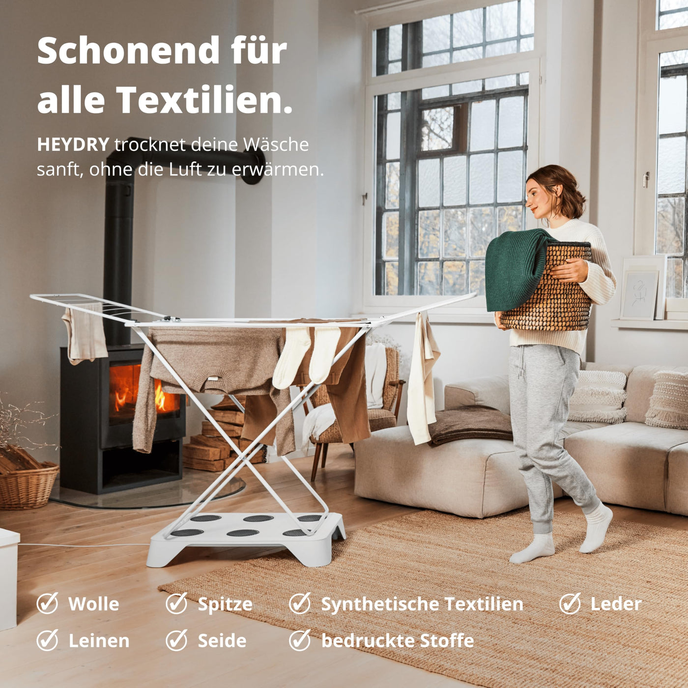 HEYDRY Wäschetrockner Wäscheständer - Made in Germany - schneller trockene Wäsche - platzsparend energiesparend klein - für jede Wäsche - Trockner Ventilator Lüfter - weiß