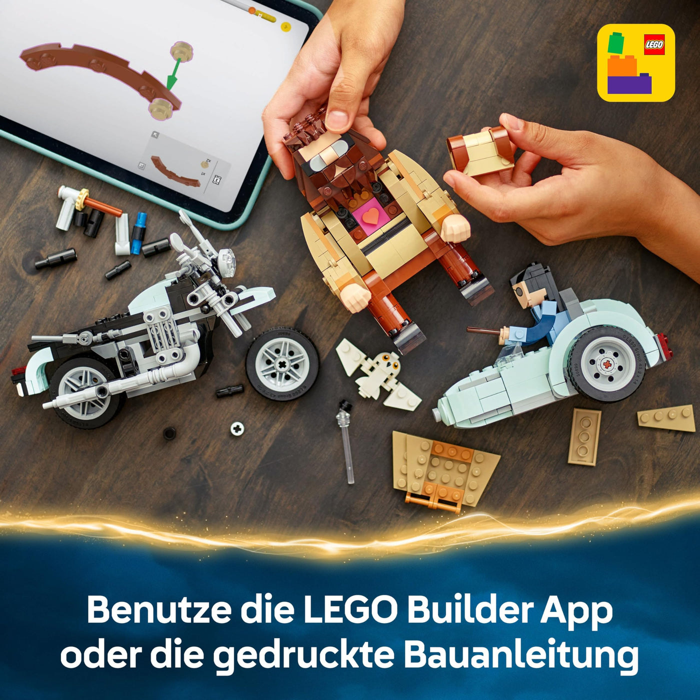 LEGO Harry Potter Hagrids und Harrys Motorradtour – Spielzeug mit Motorrad, Beiwagen & Eule Hedwig – Mit Minifiguren zum Sammeln – Kreatives Geschenk für Mädchen und Jungen ab 9 Jahren – 76443