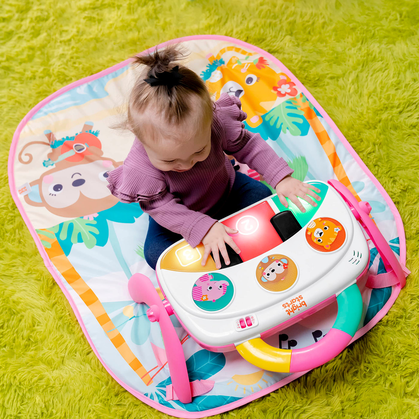 Bright Starts, 4-in-1 Groovin’ Kicks Piano and Drum Activity Gym Play Mat, Detachable Toys, Languages, Lights, Sounds and Music, Newborn and up - Floral Fiesta