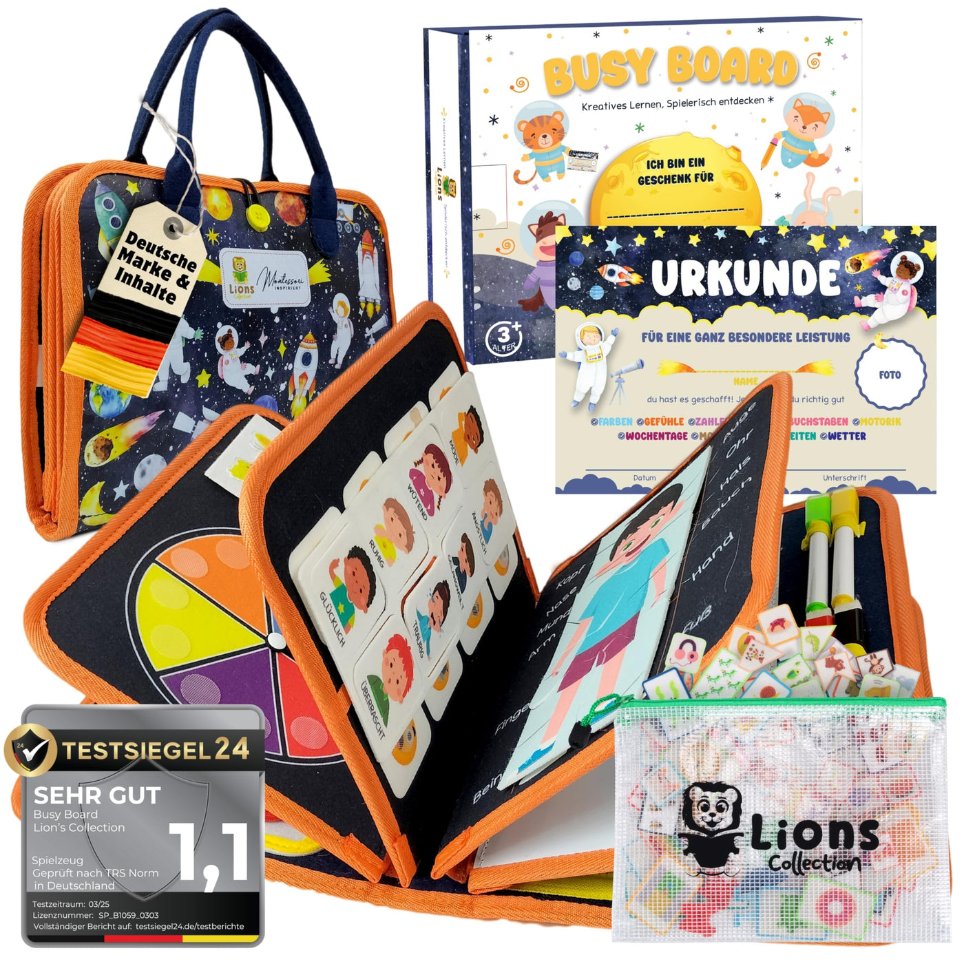 Lion’s Collection® Busy Board Deutsch mit Reisetasche & Montessori Buch – Quiet Book & Busy Book für Kleinkinder ab 3 Jahre – Activity Board, Motorikbuch & Lernbuch – Reisespielzeug Auto & Flugzeug