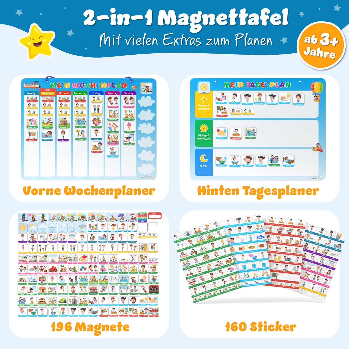 YOURGANIZE® 2-in-1 Wochenplaner Kinder & Tagesplaner Kinder inkl. 196 Magnete + 160 Sticker zum Personalisieren - Routine Planer Kinder