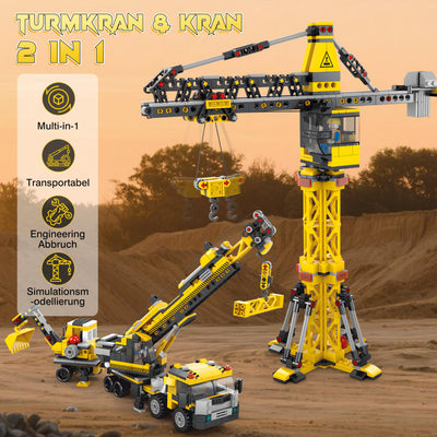 Charmofun Techink Kran Bauspielzeugsets, 854 Teile Klemmbausteine Technik ab 6-12 Jahre für Jungen, LKW-Kran&Turmkran, Variable 7 Technik Modellen, STEM Spielzeug Geschenke für Kinder