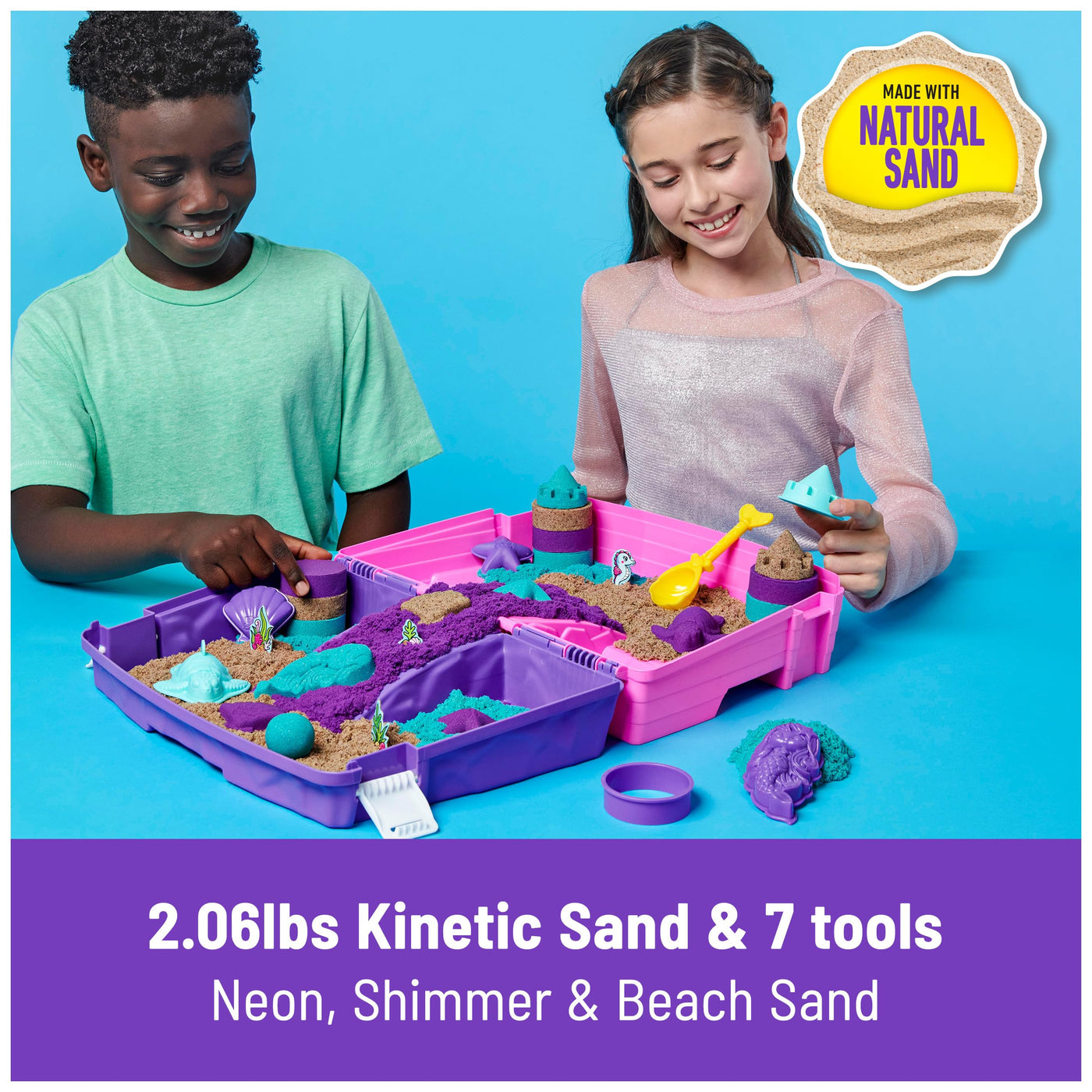 Kinetic Sand Meerjungfrauen Koffer - mit 934 g original kinetischem Sand aus Schweden in 3 Farben, 6 Förmchen, 1 Schaufel für kreatives Indoor-Sandspiel, für Kinder ab 3 Jahren