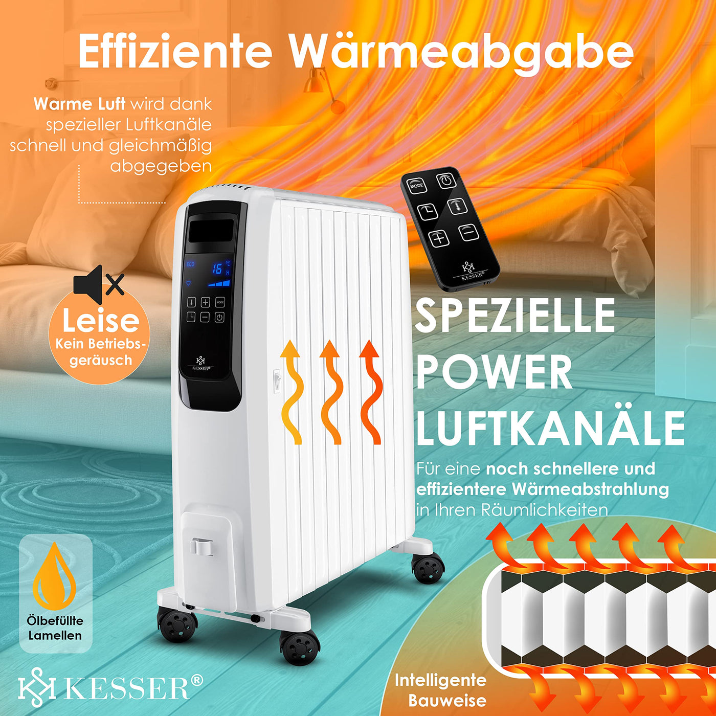 KESSER® 2500W Ölradiator mit WiFi App & Fernbedienung digitalem Display- elektrischer energiesparender Heizkörper mit 10 Rippen, Timer Zeitschaltuhr, 4 Heizstufen, Thermostat, Weiß