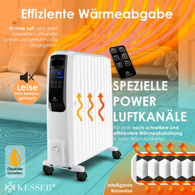 KESSER® 2500W Ölradiator mit WiFi App & Fernbedienung digitalem Display- elektrischer energiesparender Heizkörper mit 10 Rippen, Timer Zeitschaltuhr, 4 Heizstufen, Thermostat, Weiß