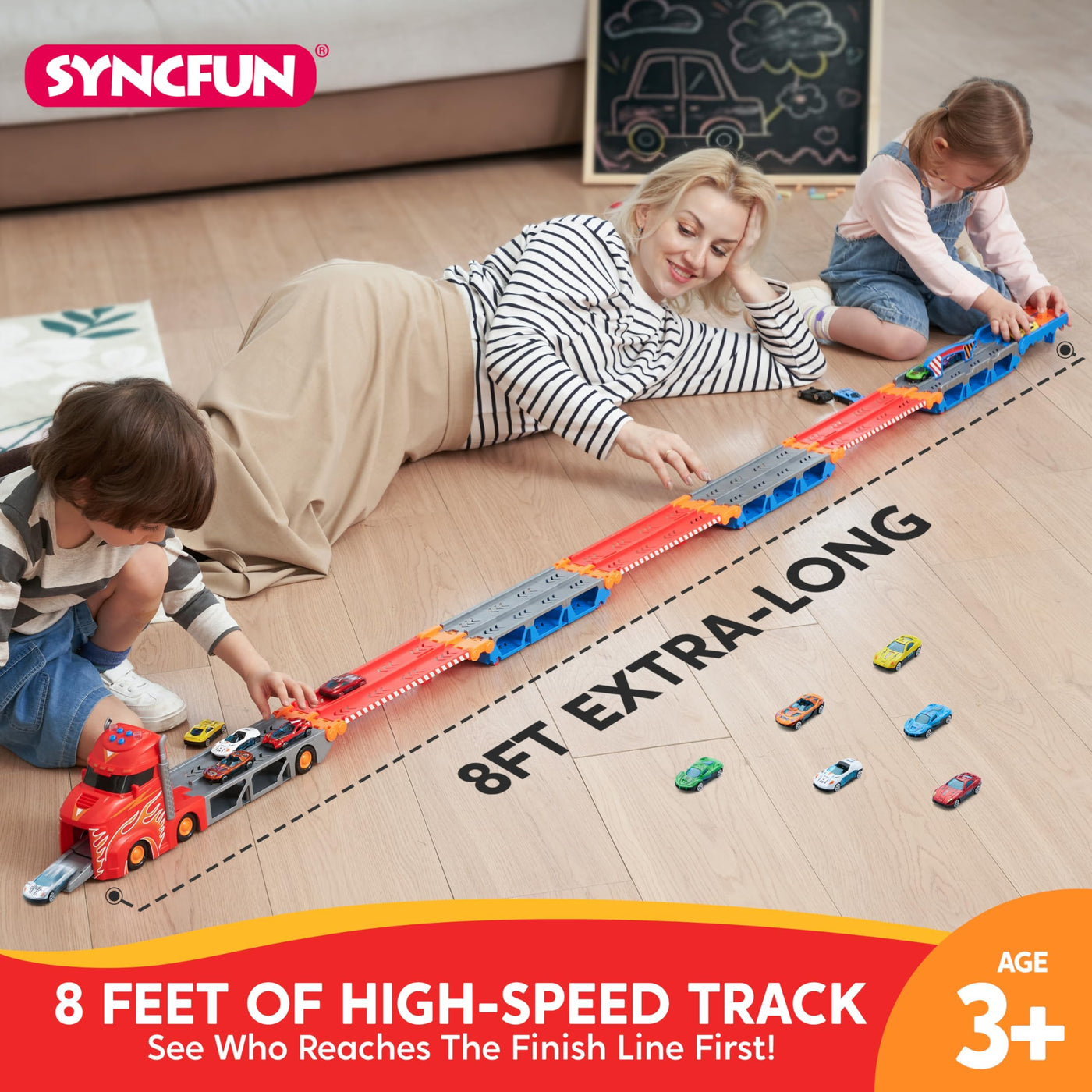 SYNCFUN Transport Renn Truck Spielzeugautos,riesiges Rennstrecken Truck Spielzeug,faltbares Set mit 12 Metallautos,Lichtern und Geräuschen,Geschenk für 3,4,5,6 und 7jährige Jungen und Mädchen