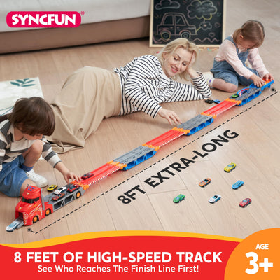 SYNCFUN Transport Renn Truck Spielzeugautos,riesiges Rennstrecken Truck Spielzeug,faltbares Set mit 12 Metallautos,Lichtern und Geräuschen,Geschenk für 3,4,5,6 und 7jährige Jungen und Mädchen