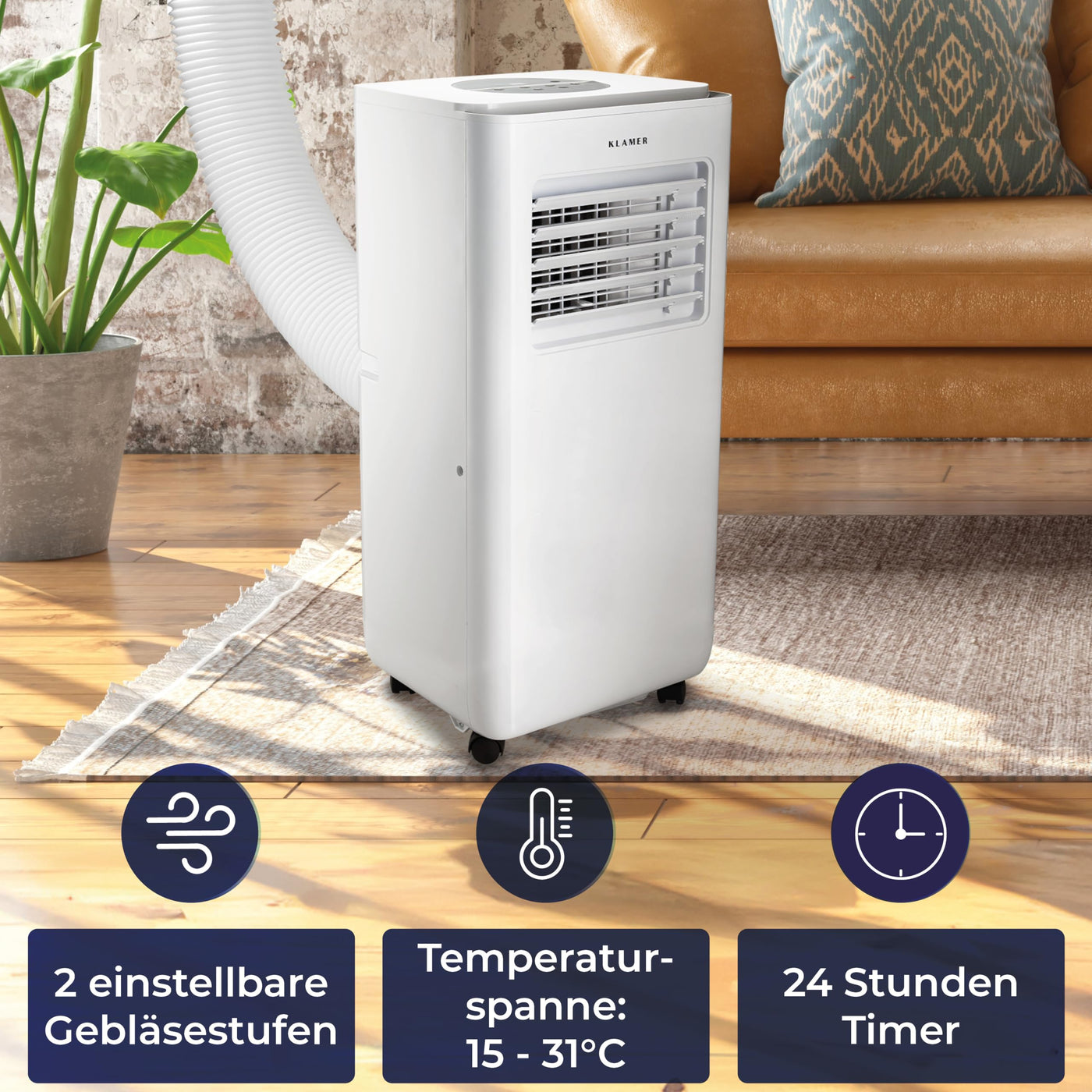 KLAMER Mobile Klimaanlage mit Abluftschlauch und Wassertank, 7000 BTU/h, 3-in-1 Klimagerät für Räume bis 25m², mit Luftentfeuchter, Kühlung und Ventilation für Haus, Wohnung & Büro