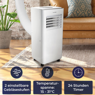 KLAMER Mobile Klimaanlage mit Abluftschlauch und Wassertank, 7000 BTU/h, 3-in-1 Klimagerät für Räume bis 25m², mit Luftentfeuchter, Kühlung und Ventilation für Haus, Wohnung & Büro