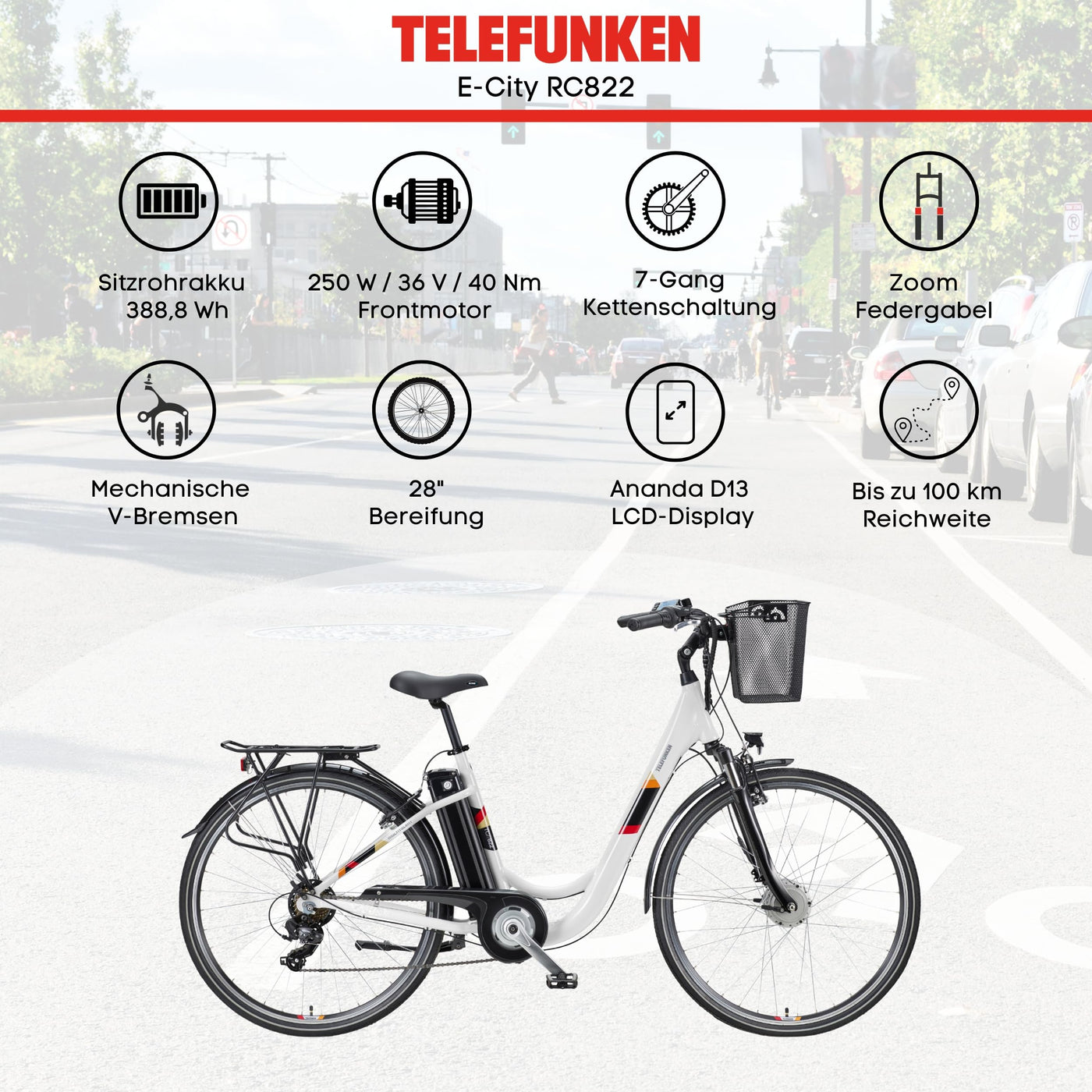 TELEFUNKEN E-Bike Elektrofahrrad Alu 28 Zoll mit 7-Gang Kettenschaltung, Pedelec Citybike leicht mit Fahrradkorb, 250W und 10,4Ah, 36V Sitzrohrakku, RC822 Multitalent