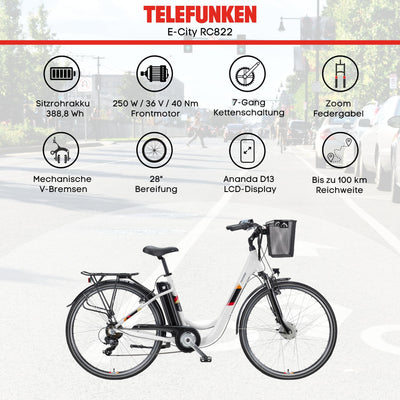 TELEFUNKEN E-Bike Elektrofahrrad Alu 28 Zoll mit 7-Gang Kettenschaltung, Pedelec Citybike leicht mit Fahrradkorb, 250W und 10,4Ah, 36V Sitzrohrakku, RC822 Multitalent