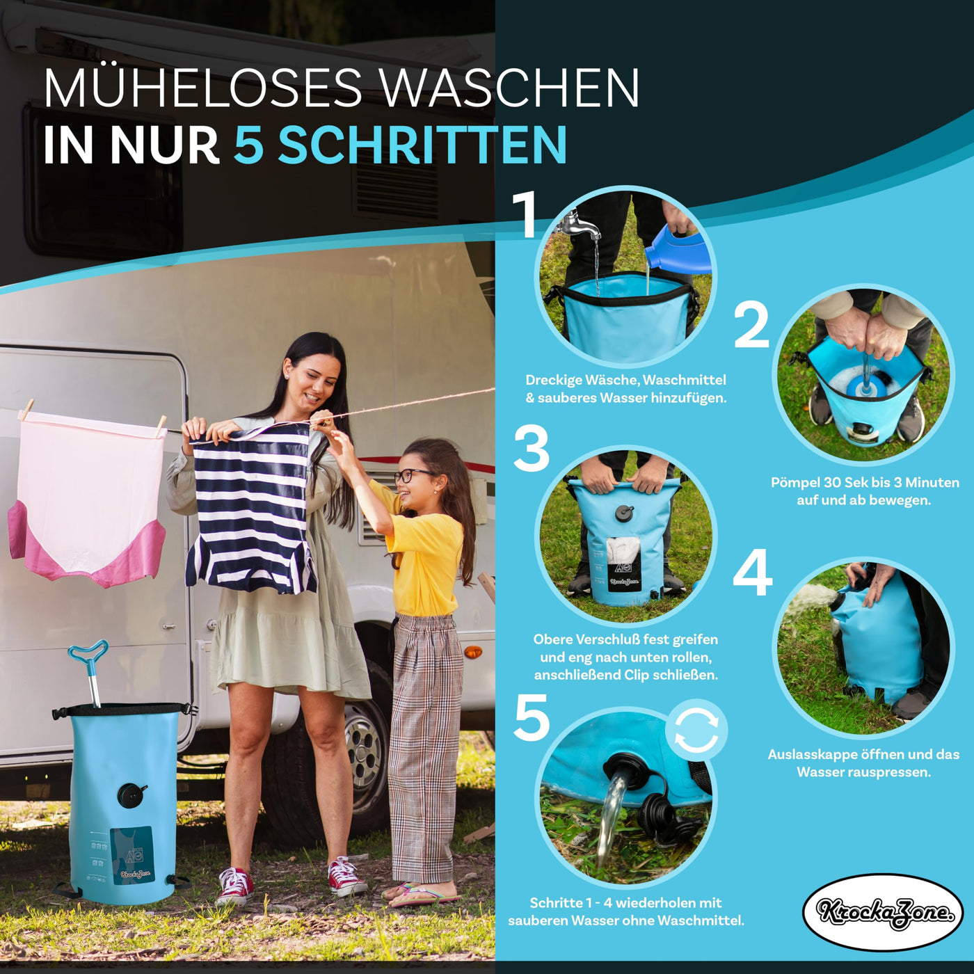 Tragbare Waschmaschine ohne Strom - Faltbarer Waschbeutel Pömpel Waschbrett Set, klein & leicht für Handwäsche, Reisewaschmaschine - Outdoor mobile mini Waschtasche für Camping, Reisen, Urlaub