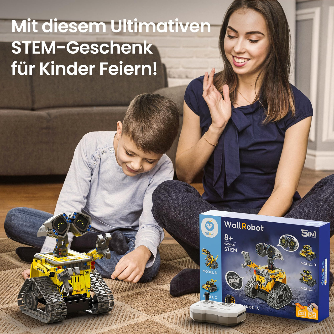 Sillbird Roboter Kinder für Jungen, 5-in-1-Technik Roboter mit App-Fernsteuerung, Wall/Mech Dinosaurier/Stunt-Auto Programmierbares Bauspielzeug, Kreative Geschenke für Jungen und Mädchen ab 8+ Jahren