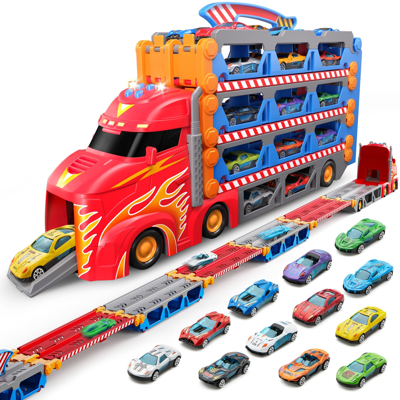 SYNCFUN Transport Renn Truck Spielzeugautos,riesiges Rennstrecken Truck Spielzeug,faltbares Set mit 12 Metallautos,Lichtern und Geräuschen,Geschenk für 3,4,5,6 und 7jährige Jungen und Mädchen